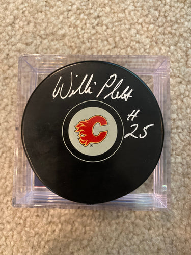 Willi Plett - Autographed Puck Calgary Flames
