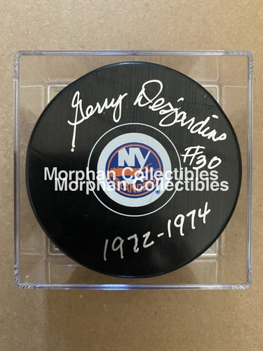 Gerry Sesjardins - Autographed Pucks New Stork Islanders Inscription Puck