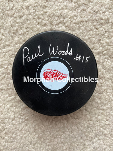 Paul Woods - Autographed Puck Detroit Red Wings
