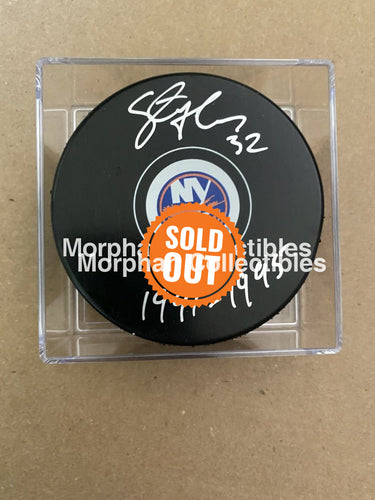 Steve Thomas - Autographed Puck New York Islanders Inscription
