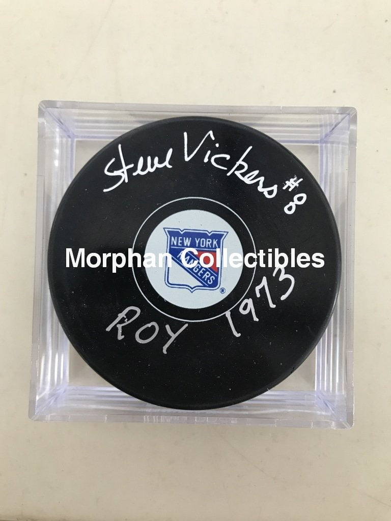 Steve Vickers - Autographed New York Rangers Puck Roy 1973