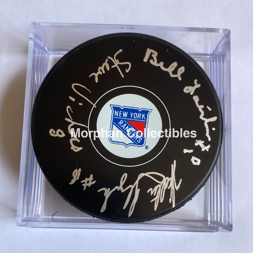 Steve Vickers Walt Tkaczuk And Bill Fairbairn Bulldog- Autographed New York Rangers Puck -