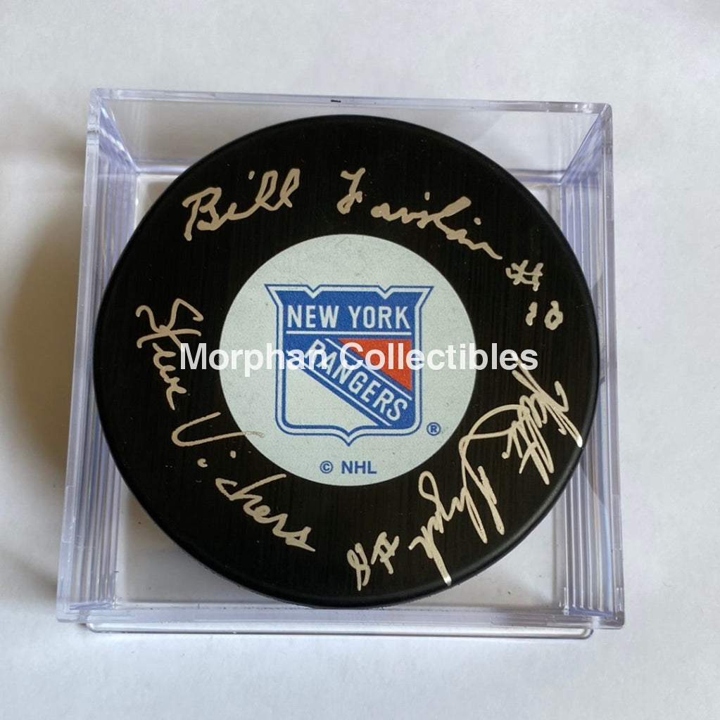 Steve Vickers Walt Tkaczuk And Bill Fairbairn Bulldog- Autographed New York Rangers Puck -