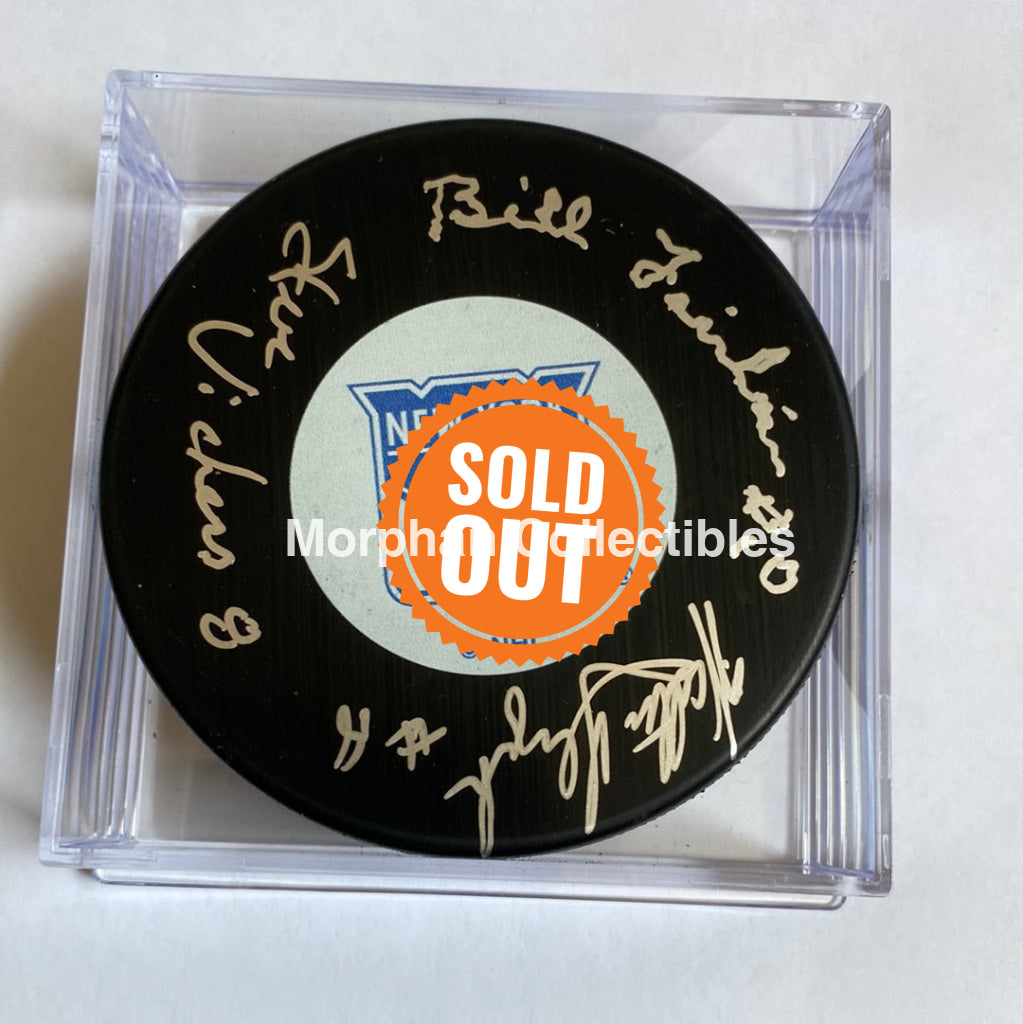 Steve Vickers Walt Tkaczuk And Bill Fairbairn Bulldog- Autographed New York Rangers Puck -
