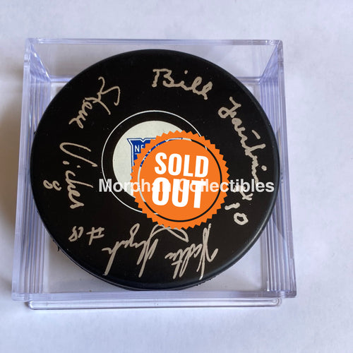 Steve Vickers Walt Tkaczuk And Bill Fairbairn Bulldog- Autographed New York Rangers Puck -