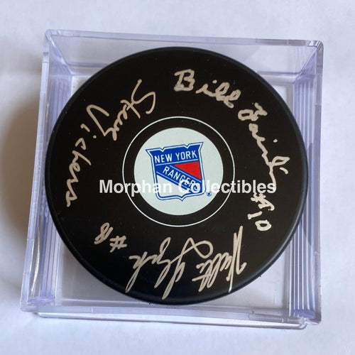Steve Vickers Walt Tkaczuk And Bill Fairbairn Bulldog- Autographed New York Rangers Puck -