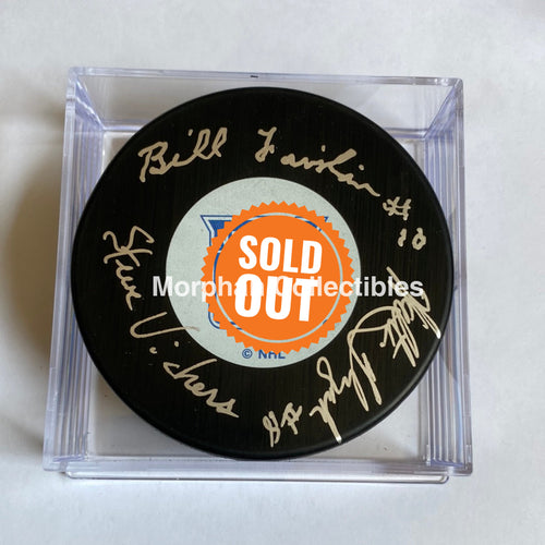 Steve Vickers Walt Tkaczuk And Bill Fairbairn Bulldog- Autographed New York Rangers Puck -